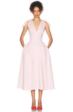 Helsa Fairweather Midi Dress in Stretch Cotton Sateen in Tea Rose Pink